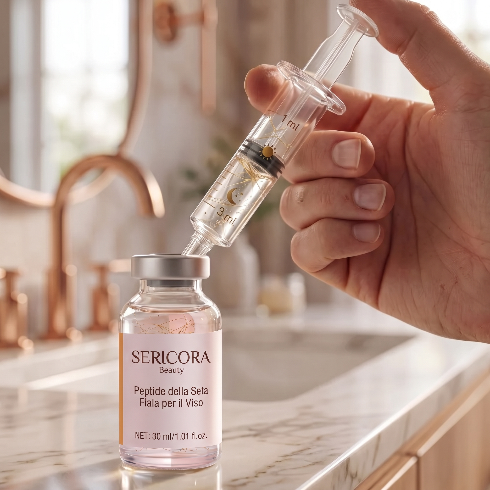 Preleva il siero con la siringa cosmetica.0.5 ml al mattino1 ml la sera
